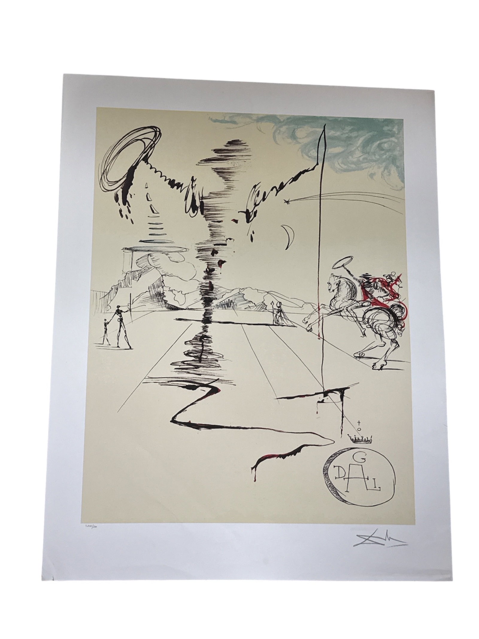 "Le Cavalier" After Salvador Dalí (Spain, 1904-1989) Color Lithograph: This striking color lithograph, titled "Le Cavalier" (The Horseman), is a classic example of Salvador Dalí’s fascination with equestrian themes and historical symbolism. Part of