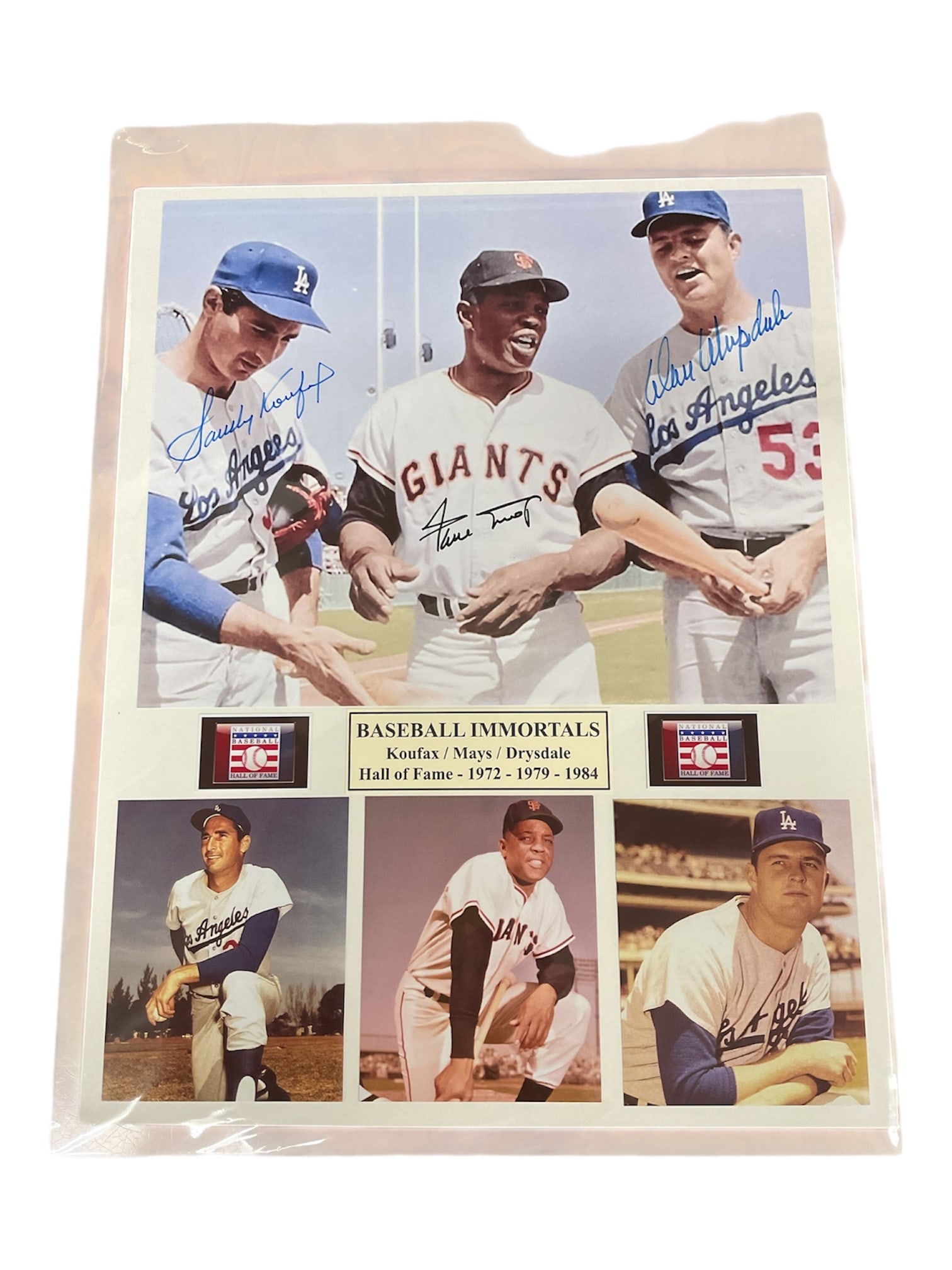 “Baseball Immortals?? Koufax, Mays & Drysdale Multi-Signed Print: Baseball memorabilia print titled “Baseball Immortals” featuring three legendary Hall of Fame players: Sandy Koufax, Willie Mays, and Don Drysdale. The central image depicts the three star