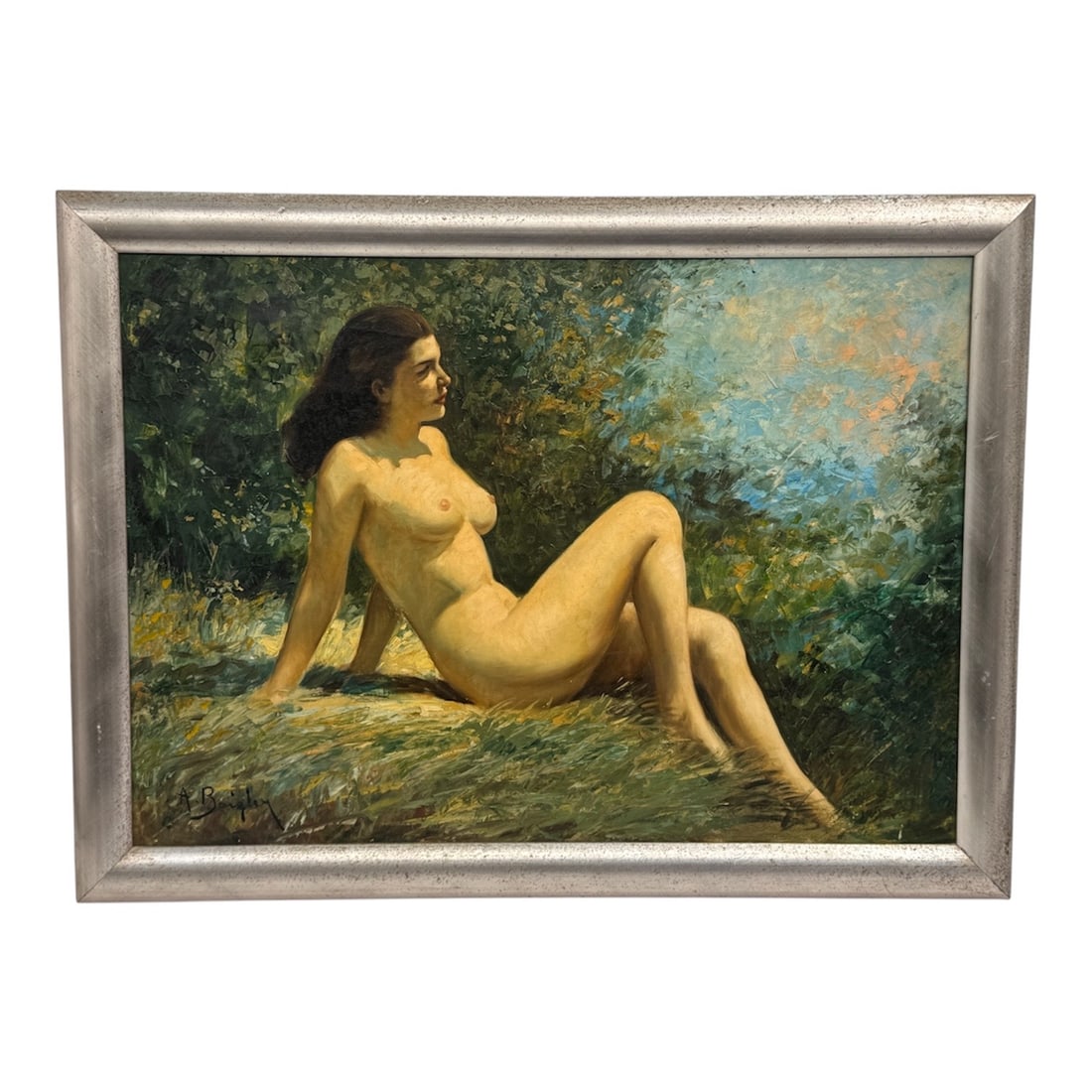 "Nude in a Sunlit Landscape" by Alice Beighley (American, 1907-1995) Oil on Canvas: This mid-century oil on canvas depicts a seated female nude bathed in natural light against a lush, impressionistic garden backdrop. The artist employs a warm, golden palette for the central figure, c