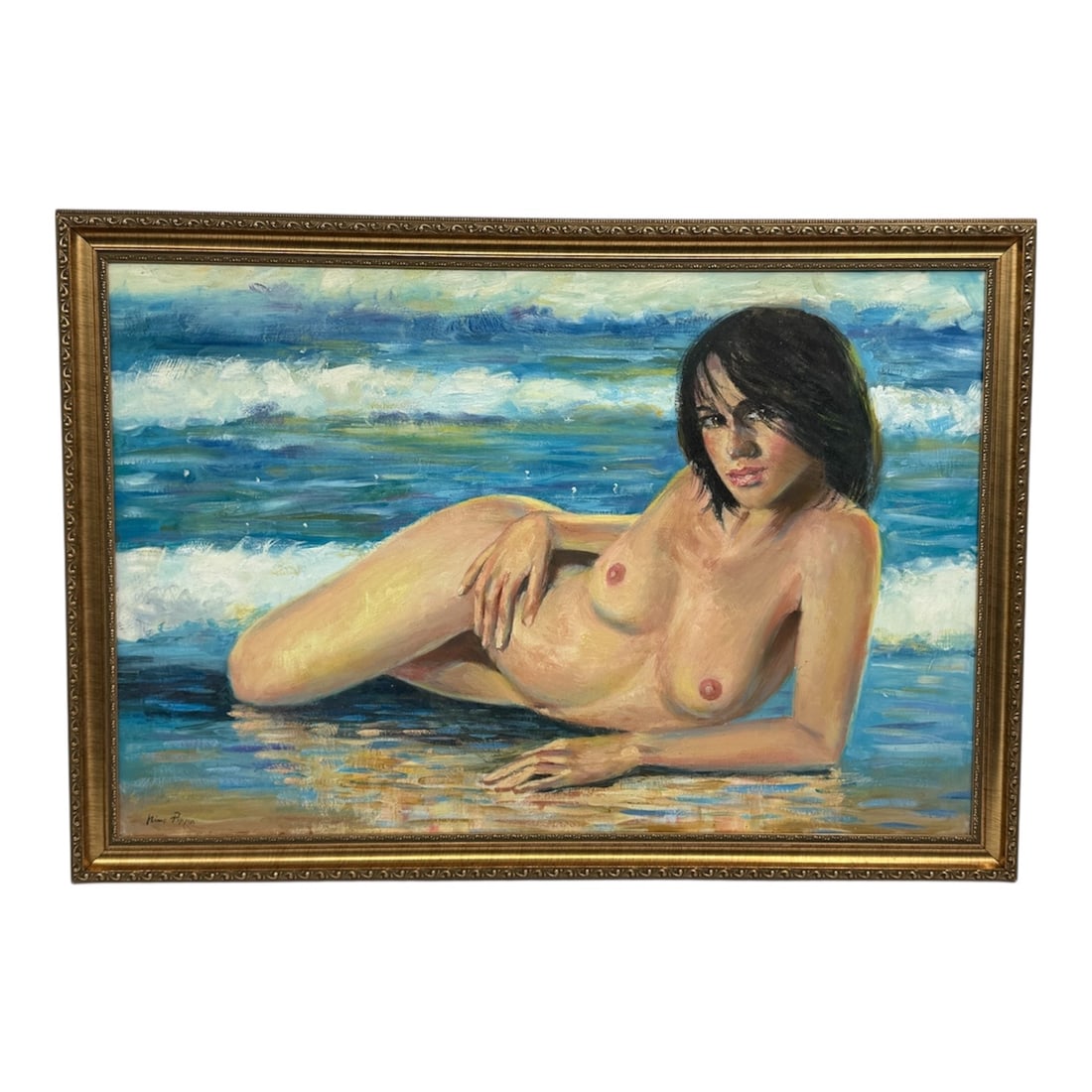 "Reclining Nude at the Shore" by Nino Pippa (Italy, B.1950) Oil on Canvas: This striking oil on canvas by celebrated Italian artist Nino Pippa depicts a reclining female nude set against a vibrant, impressionistic seascape. The composition masterfully balances the soft, warm