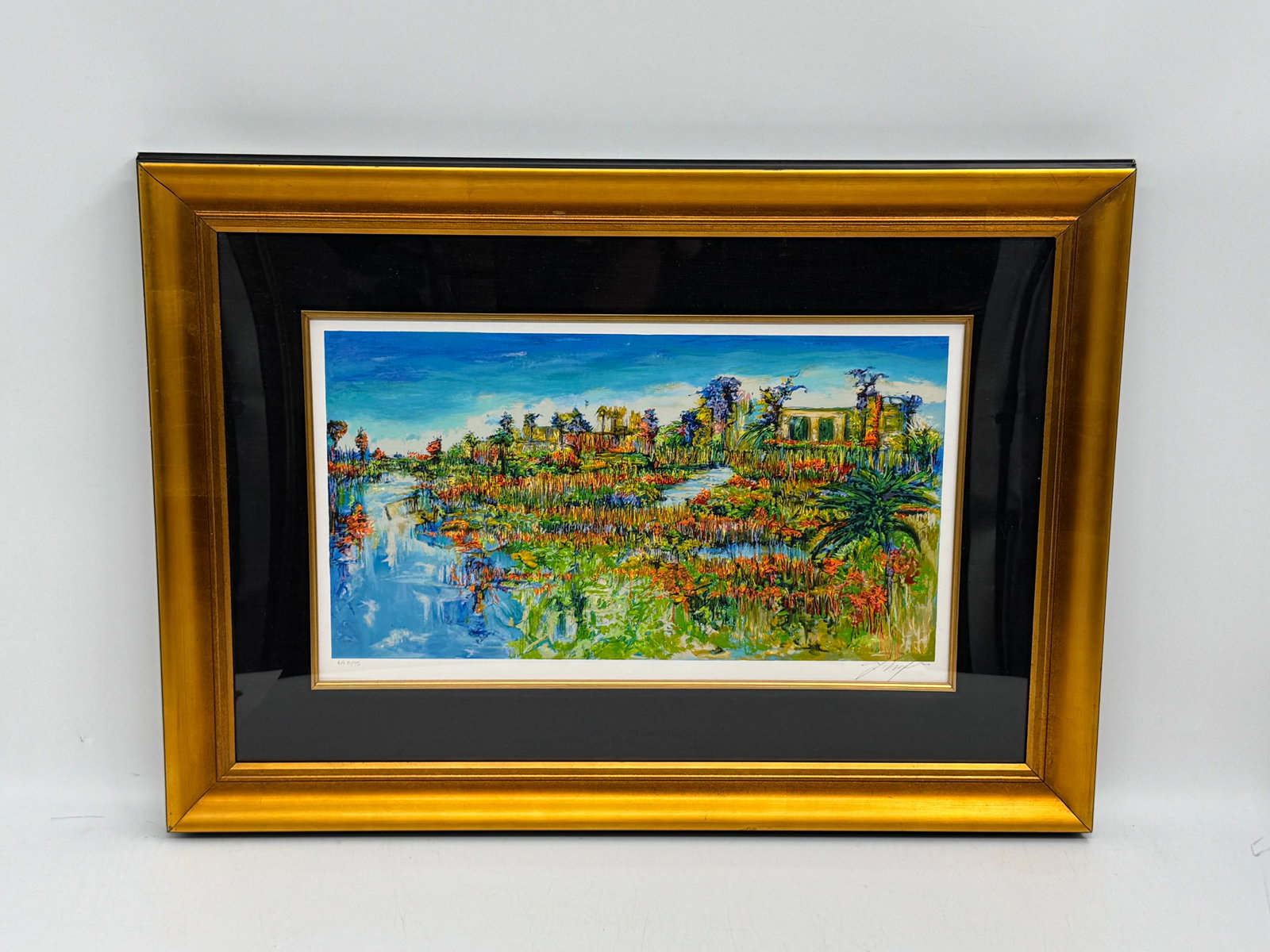 "Autumn Reflections" by Yuval Wolfson (Israeli, B.1966) Serigraph on Paper: This vibrant serigraph by Israeli artist Yuval Wolfson, titled "Autumn Reflections," showcases his signature mastery of color and light. The composition features a lush, impressionistic land