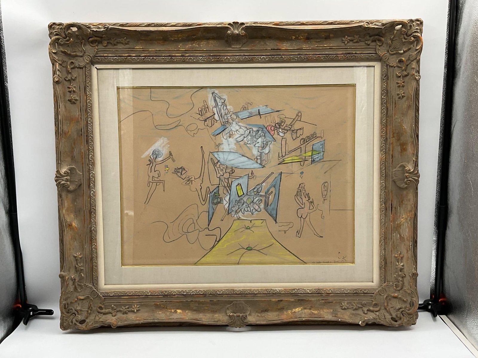 "She makes herself a face" by Roberto Matta (Chile, 1911-2002) Mixed Media: Surrealist-style drawing by renowned Chilean artist Roberto Matta featuring whimsical abstract forms and fragmented figures in motion. Pencil signed and titled on the bottom right. COA and proven