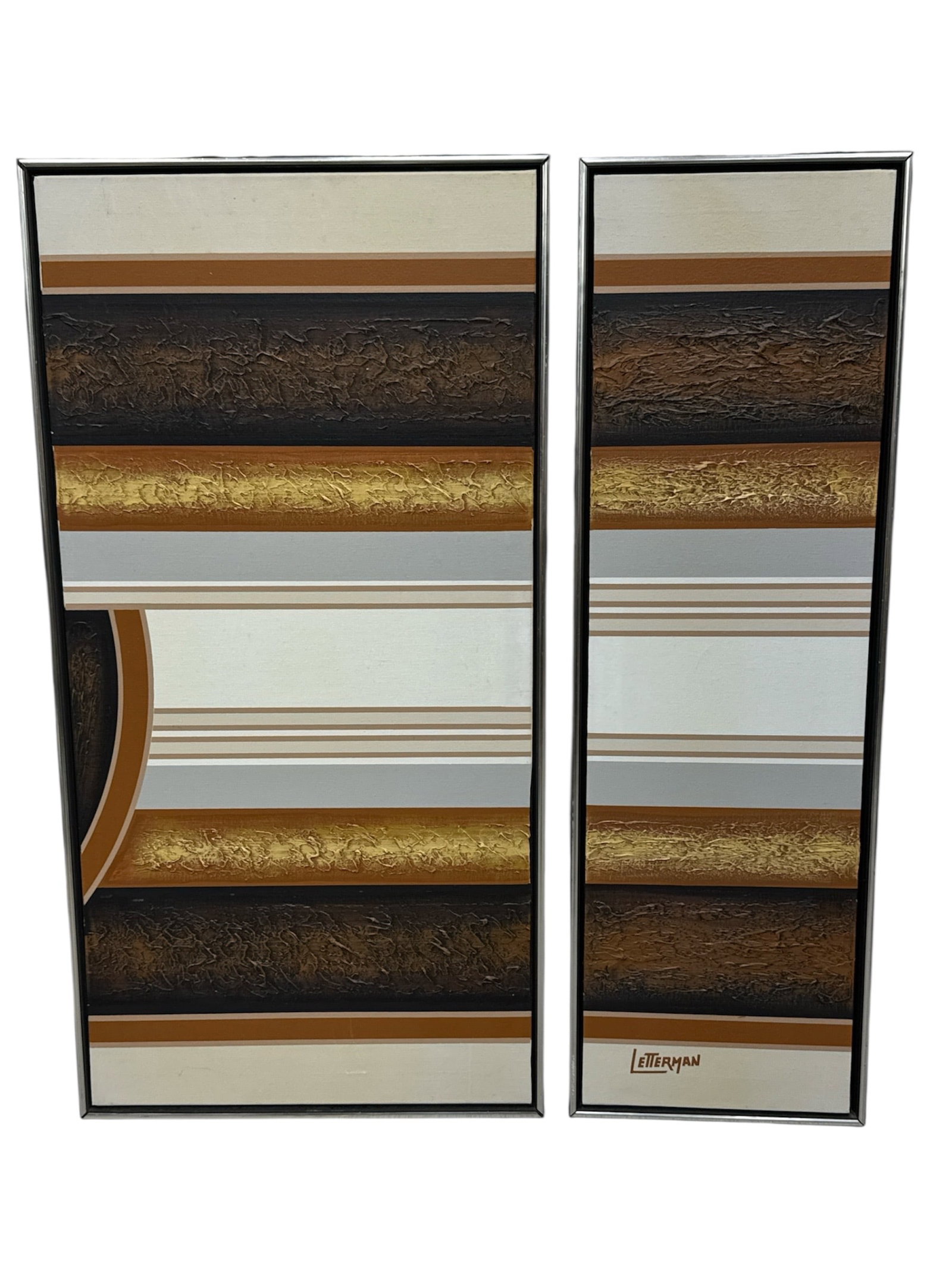 "Abstract Diptych" by Letterman (USA, 20th Century) Oil on Canvas: Details Two-piece abstract oil on canvas set. Features horizontal bands in earth tones of brown, tan, and cream with textured impasto metallic gold accents. One panel includes a curved geometric eleme