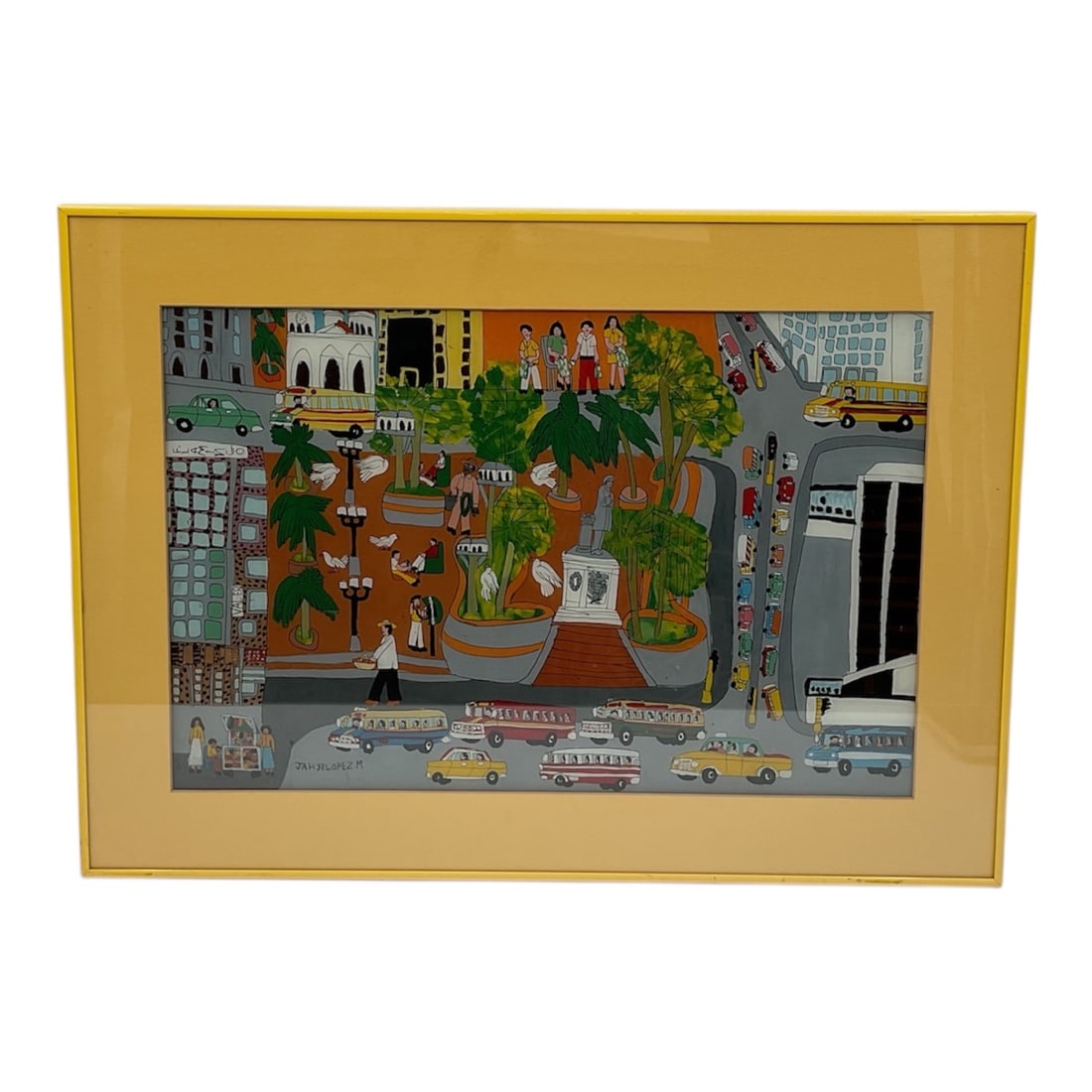 Jahyr Lopez M. (Honduran, B.1974) Mixed Media: This folk art painting depicts a bustling city square filled with vibrant activity. The composition features a central park area with tropical palm trees, white birds, and figures lounging or walking