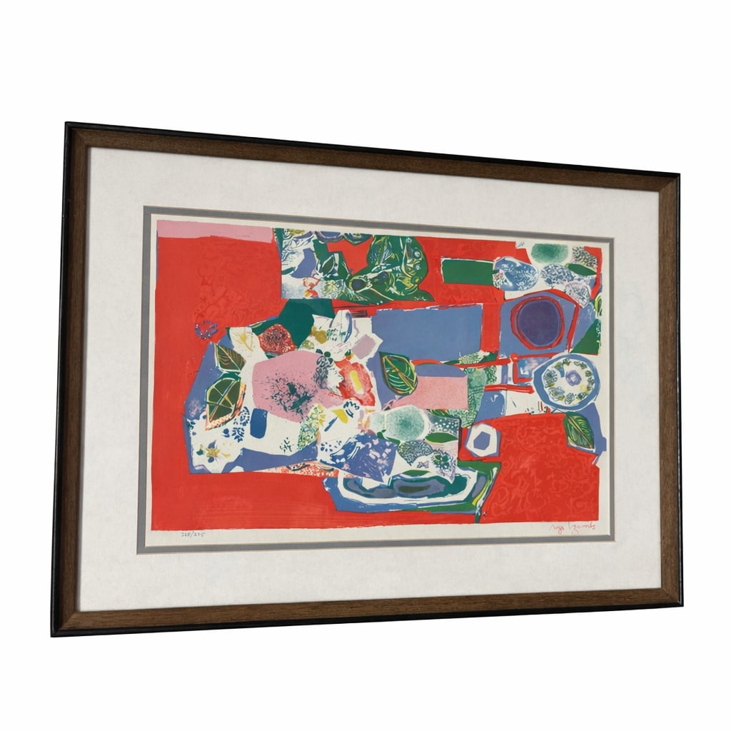 "Still Life on Red" by Roger Bezombes (France, 1913-1994) Lithograph: This framed original lithograph by French artist Roger Bezombes features a vibrant, abstract still life composition set against a bold red ground. The work showcases Bezombes' signature style, cha