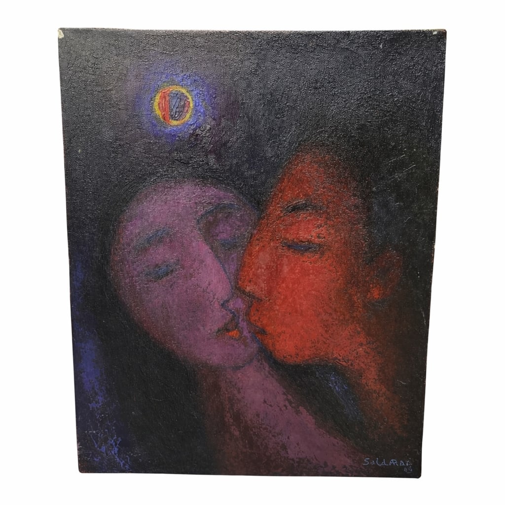 "Romance" by Demetro Saldaña H. (Mexico, 1941-2017) Oil on Canvas: Demetrio Saldaña H. was a prominent Mexican artist known for his vibrant, expressive style that often explored human emotion and intimacy. This 1986 oil painting, titled Romance, features two s