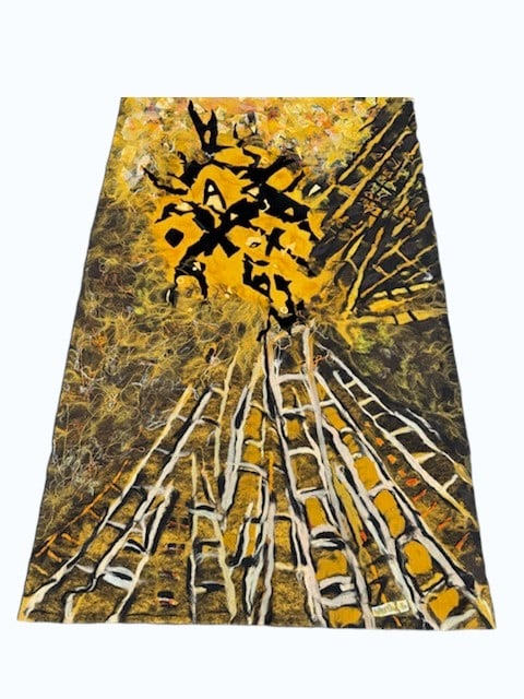 RARE André Verlon Voyage Vers La Unique Textile Wall Hanging Signed 1970: Original and unique textile work by French artist André Verlon titled Voyage Vers La, dated 1970. This striking mid-century modern wall hanging features an abstract composition in bold golden y