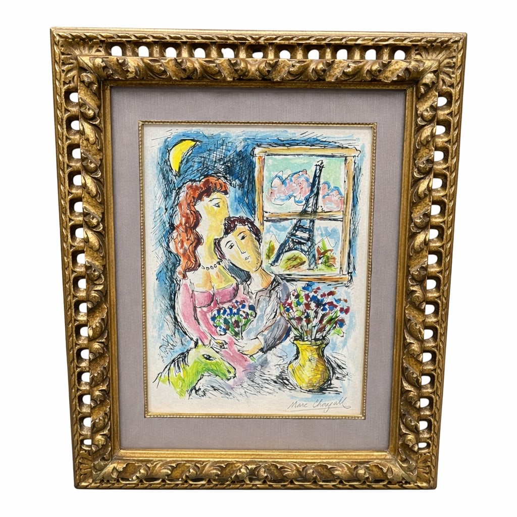 After Marc Chagall – “Paris Couple by Window?? Wash & Ink on PapeDescription Colorful: DescriptionColorful figurative composition depicting a romantic couple seated beside a vase of flowers with the