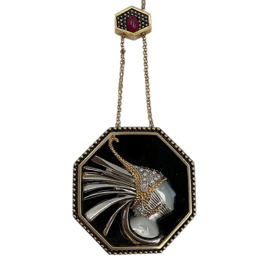 14kt Erte Firefly Diamond Pendant Necklace Limited Edition CFA 165/259 with Chain: Elegant Erte Firefly pendant necklace featuring a finely detailed Art Deco style figural design set within an octagonal frame. The composition showcases a stylized female figure with flowing lines, ac
