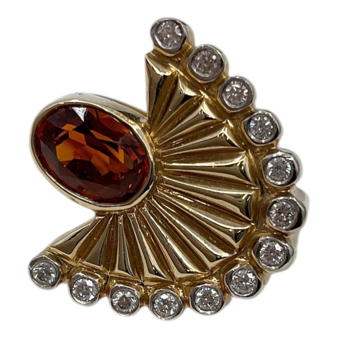 Erte La Mer Ring 14K Gold and Diamond Limited Edition FE 6/102 Size 8: Striking Erte La Mer ring crafted in 14K gold, featuring a bold Art Deco inspired design. The piece is centered with a richly colored faceted gemstone, accented by a fan-like arrangement of gold and a