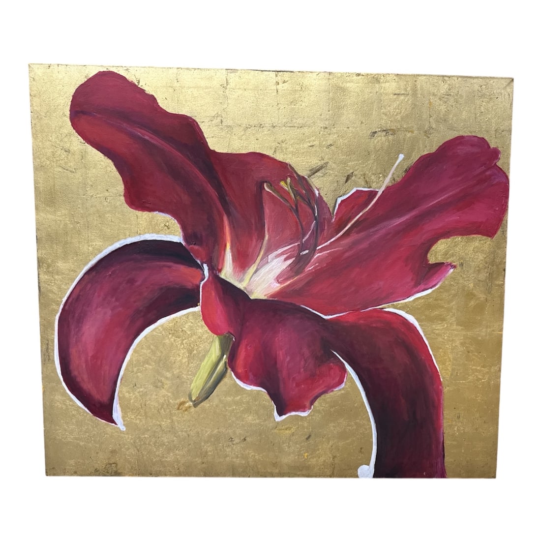 "Day Lily" by Roshan Houshmand (Iran/USA, B.1959) Acrylic and Gold Leaf on Canvas: This striking large-scale work by contemporary Iranian-American artist Roshan Houshmand features a bold, gestural rendering of a day lily. The flower is executed in deep magenta and crimson tones, out