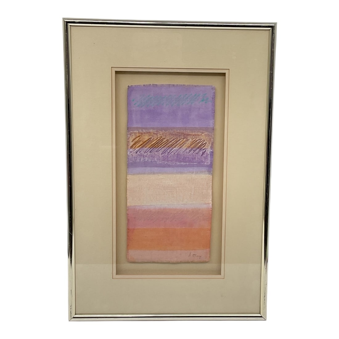 "Abstract Color Field Panel" by A. Stasy (European/American, 20th/21st Century) Mixed Media on: A serene vertical abstract composition consisting of horizontal bands of color on a fringed textile substrate. The palette transitions through layers of lavender, ochre, soft peach, and terracotta, wi