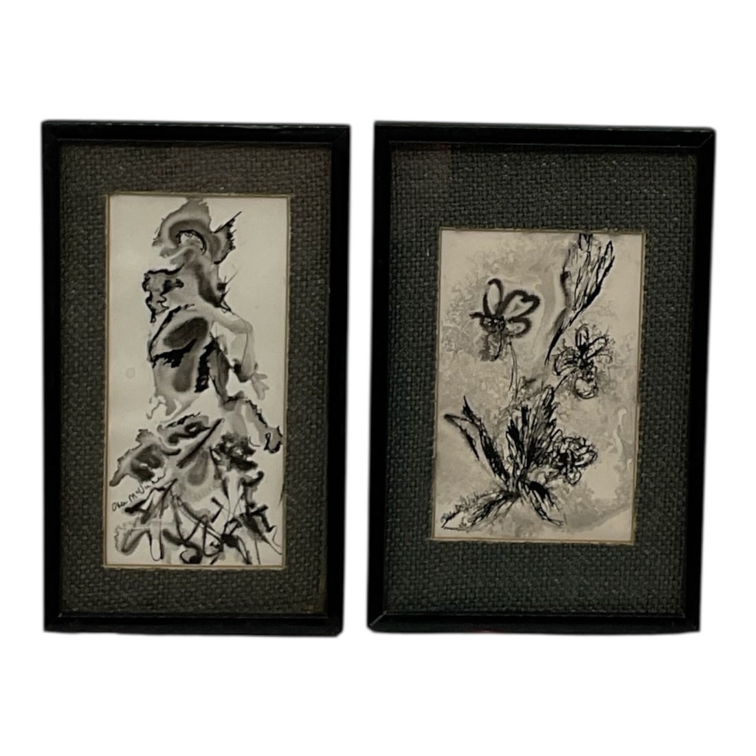 Alice McVicker (American, 20th Century) Ink on Paper: Set of two original ink wash and line drawings on paper. One piece depicts a vertical abstract form with fluid, organic shapes, while the other features a botanical composition of stylized flowers. Bo
