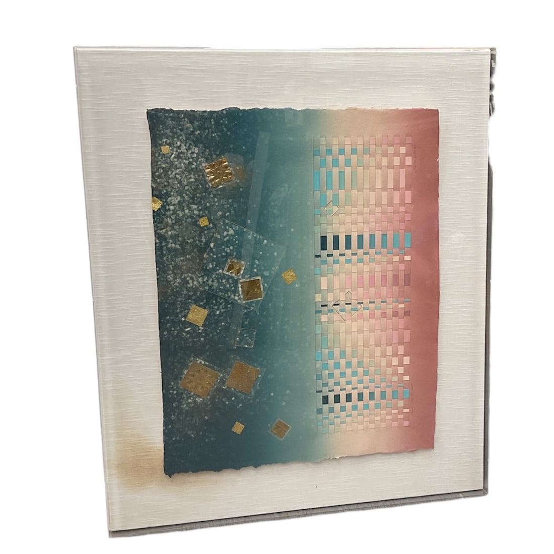 Geometric Abstract Mixed Media: This intricate mixed media work on deckle-edged paper features a unique combination of weaving and collage elements. The right half of the composition consists of a delicate vertical weave in a gradie