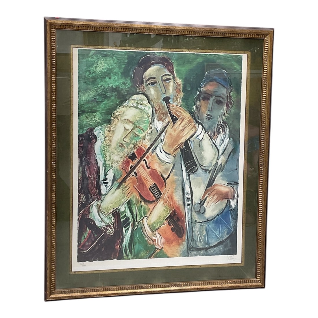 "Klezmer Musicians" by Reuven Rubin (Romanian/Israeli, 1893-1974) Color Lithograph: This vibrant color lithograph by the foundational Israeli modernist Reuven Rubin captures a lively trio of Klezmer musicians in his signature Eretz-Yisrael style. The composition features a violinist,