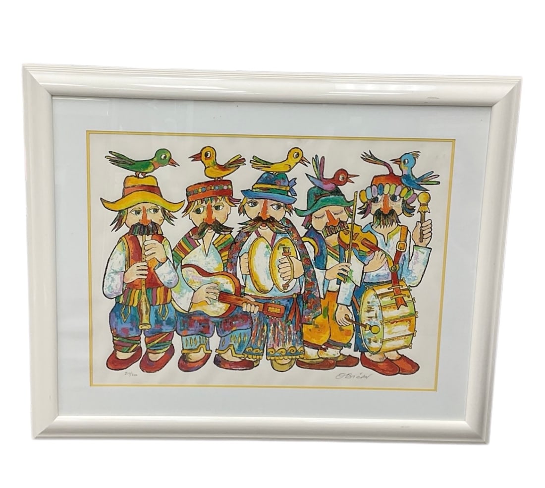 "Five Musicians" by Jovan Obi?an (French-American/Croatian, 1921-1986) Mixed Media Lithograph: This vibrant mixed-media work by Jovan Obi?an features five stylized musicians in traditional Balkan-inspired attire, each accompanied by a bird perched atop their hat. The piece is characteristic of