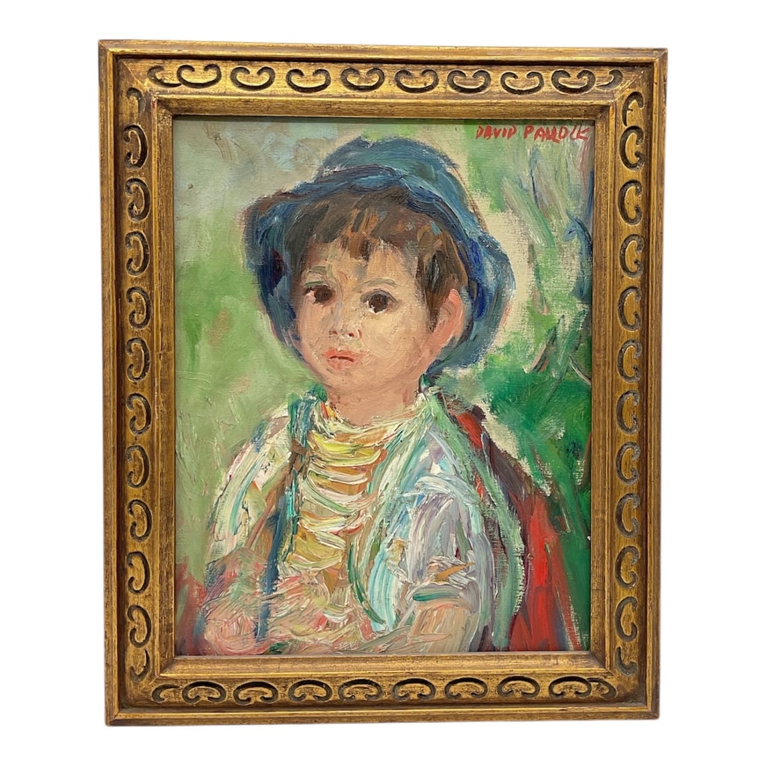 "Young Boy in Blue Hat" by David Pallock (American, 1906-1977) Oil on Canvas: This expressive mid-century portrait by American artist David Pallock depicts a young boy wearing a vibrant blue hat. Pallock, a Cape Ann artist known for his marine and landscape scenes as well as hi