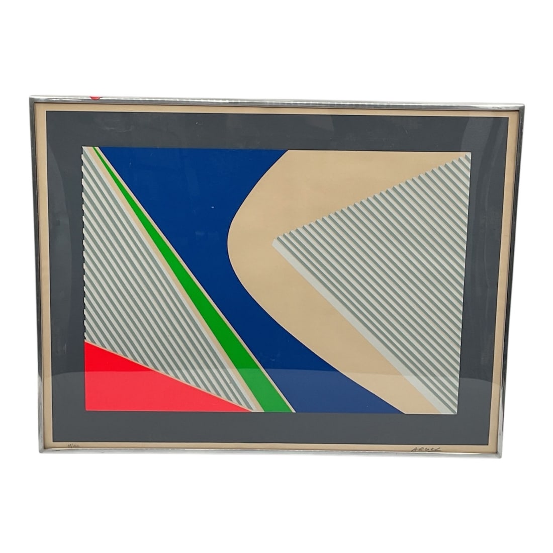 Argov (Israel, 1944-2015) Silkscreen: This geometric abstract silkscreen features a dynamic composition of hard-edged shapes and repetitive linear patterns. A central tan form curves across the field, flanked by deep blue and vibrant gree