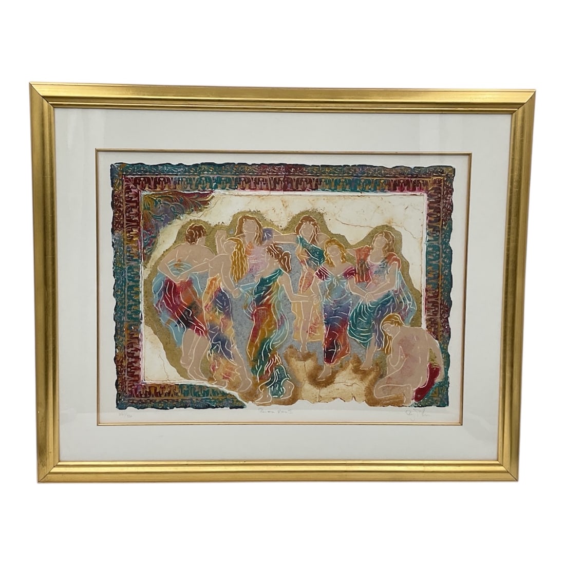 "Prima Vera I" by Roy Tonkin (British, B.1959) Carborundum Etching: This carborundum etching, titled Prima Vera I, depicts a rhythmic, circular arrangement of ethereal female figures. The artist employs a distinctive technique to build a three-dimensional surface, res