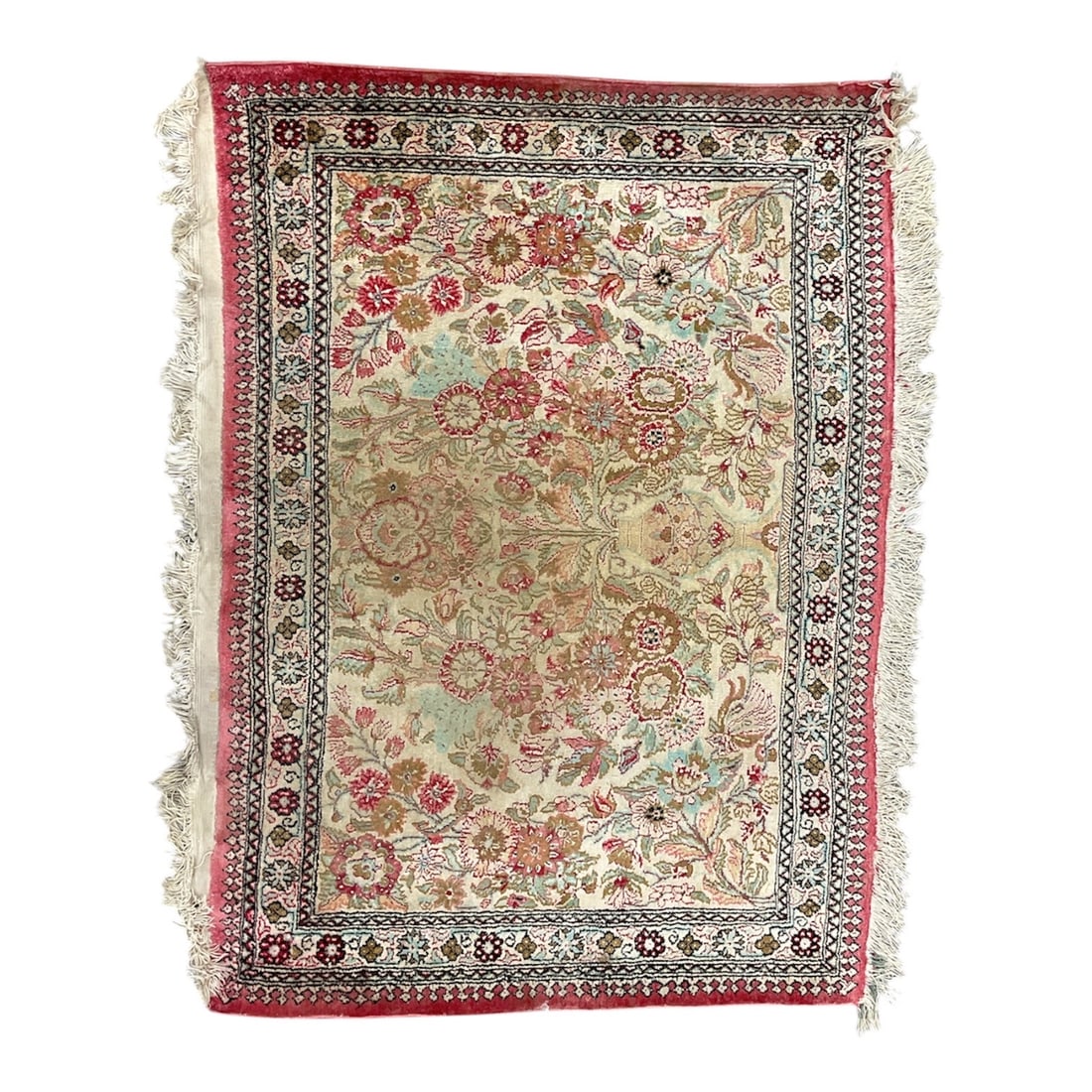 Van Van Persian Kerman Design Rug (Late 20th Century) Hand-Knotted Wool: This small-format hand-knotted rug features a classic Kerman "Vase" pattern (often called a Cypress and Vase design), characterized by an ornate central floral