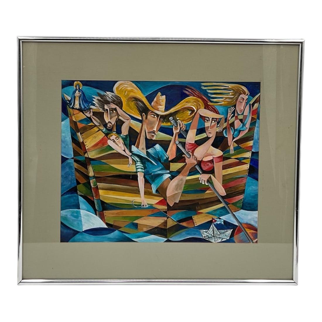 "Serie Balseros, mi familia" by Milena Fernandez Bajo (Cuba, B.1970) Acrylic on cardboard: Part of the artist's "Balseros" series, this dynamic composition portrays members of her own family leaving Cuba by sea. The boat serves as a powerful symbol of both physical and emotion