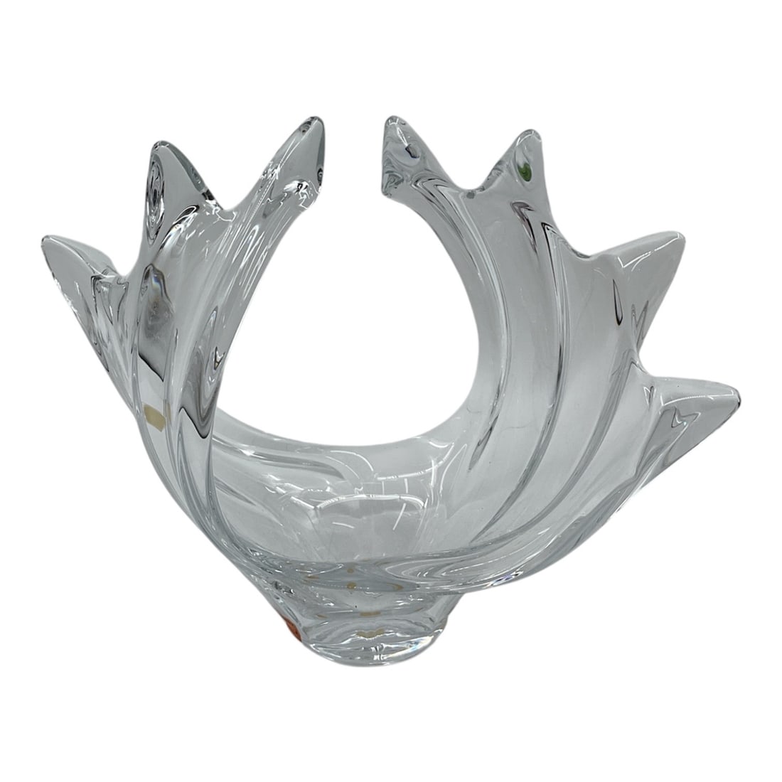 Jacques Le Chatel (France) Art Glass Centerpiece Bowl: Description: A large-scale mid-century modern crystal centerpiece bowl produced by Cristalleries de Vannes-le-Châtel. The piece features a dramatic, freeform "winged" or "crown&qu