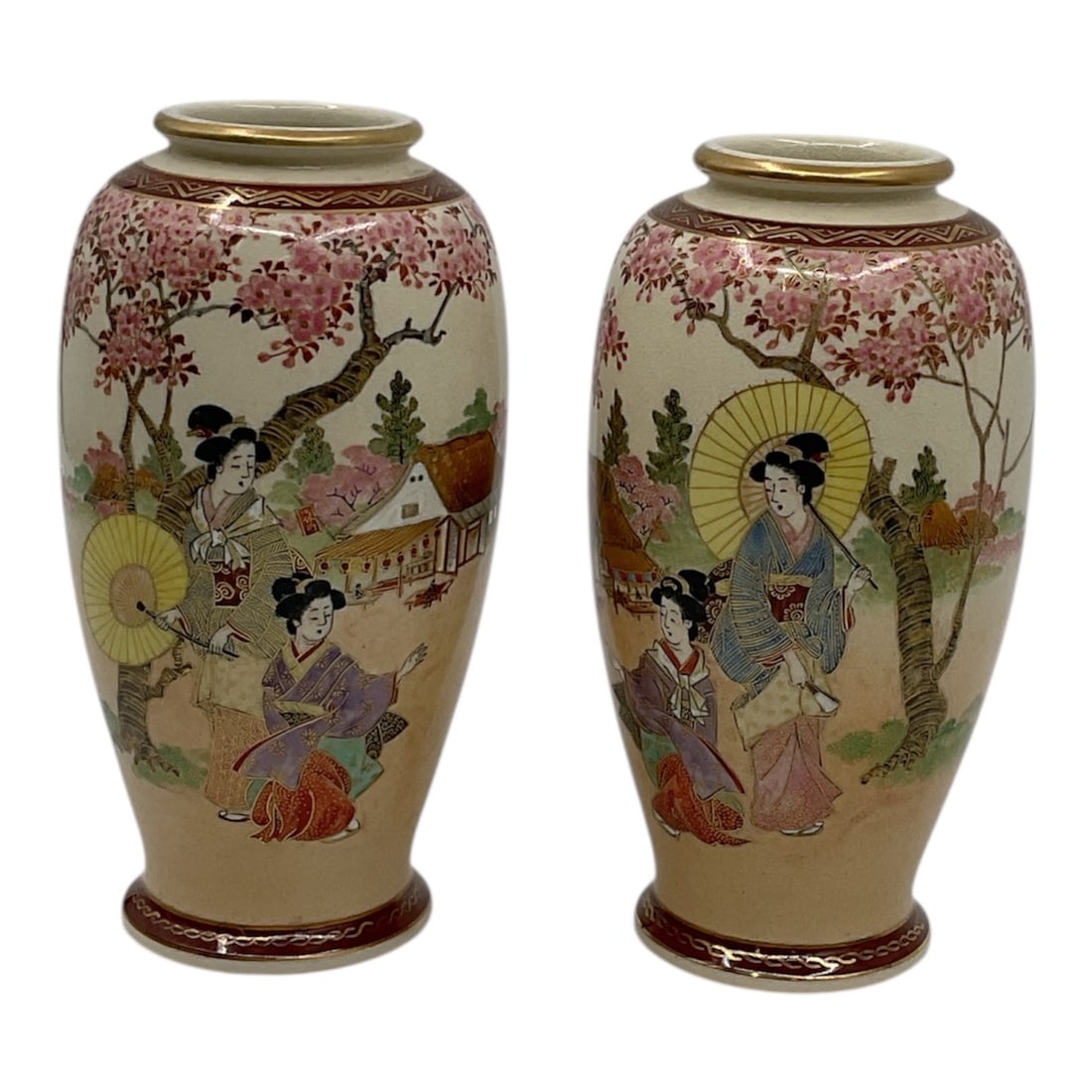 Pair of Hand-Painted Satsuma Vases(Japan, 19th-20th century) Earthenware with Gilt and Enamel: Description: Matching pair of Japanese Satsuma earthenware vases, each featuring a traditional scene of bijin (beautiful women) and children in a lush landscape with che
