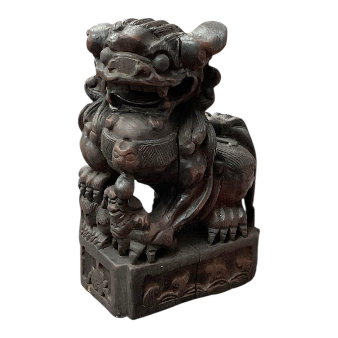19th Century Chinese Hand Carved Fu Dog Wooden Sculpture: Specifications: Height: 10 in </