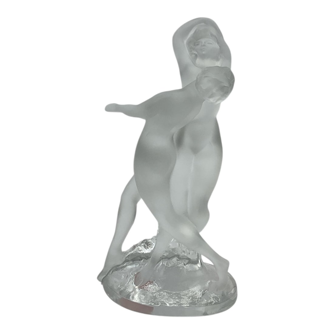 Deux Danseuses by Marc Lalique (France, 1900-1977) Frosted Glass: A frosted glass sculpture featuring two intertwined female figures in a rhythmic, dancing pose. The piece showcases the contrast between smooth satin-finished surfaces and a textured, clear glass rock