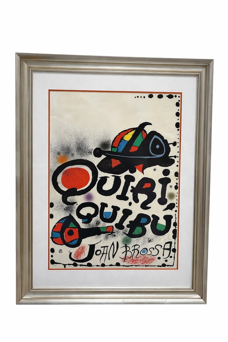 "Quiri Quibu John Brossa" by JOAN MIRÓ (Spanish, 1893–1983) LIthograph: Description The composition is characteristic of Miró's mature style, featuring bold, biomorphic black forms animated with bright accents of primary colo