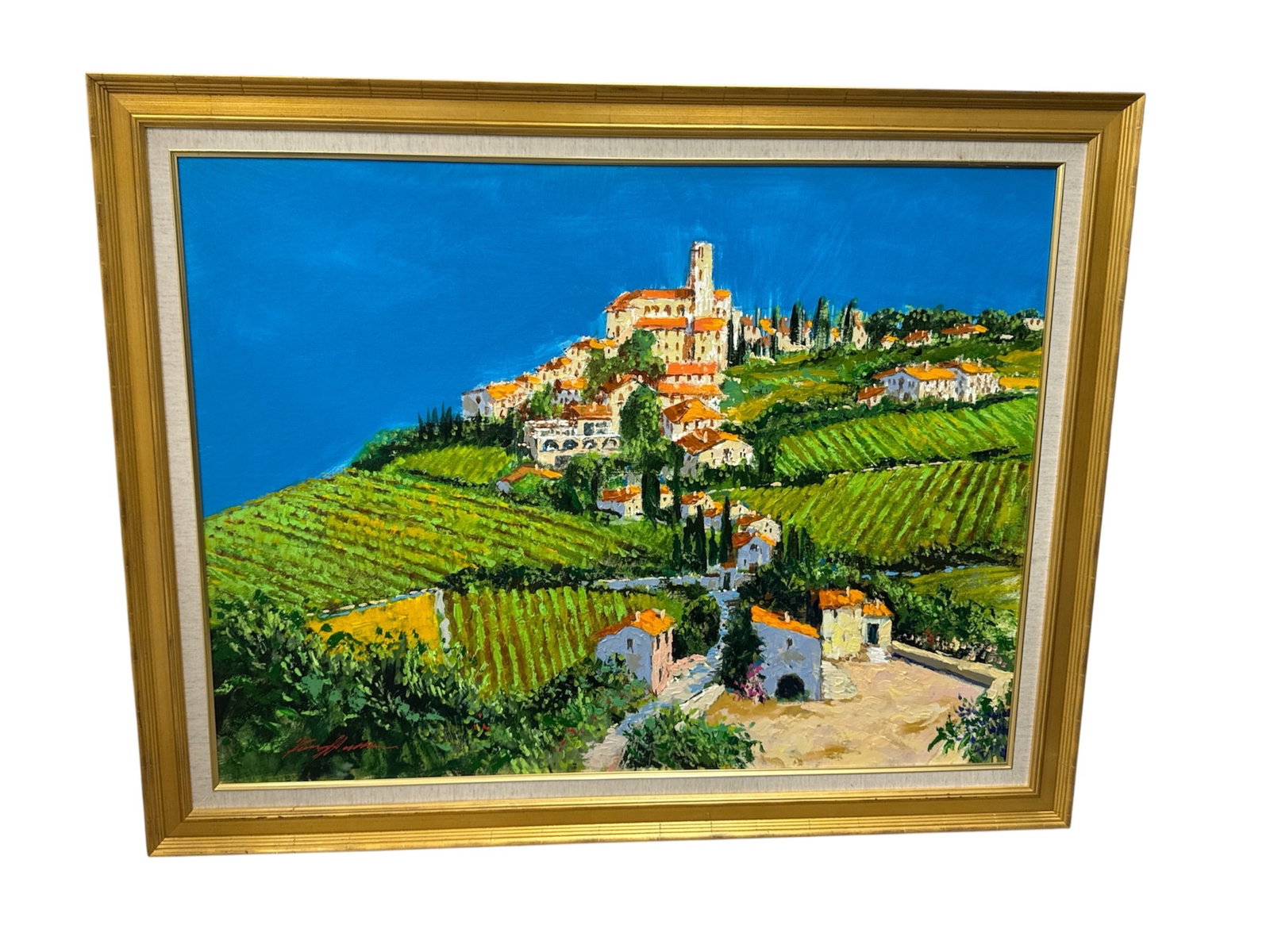 Printemps by Kerry Hallam (British, b. 1937) Acrylic on Canvas: Original acrylic on canvas painting titled Printemps by British artist Kerry Hallam. The composition depicts a vibrant hillside village overlooking cultivated vineyards, inspi