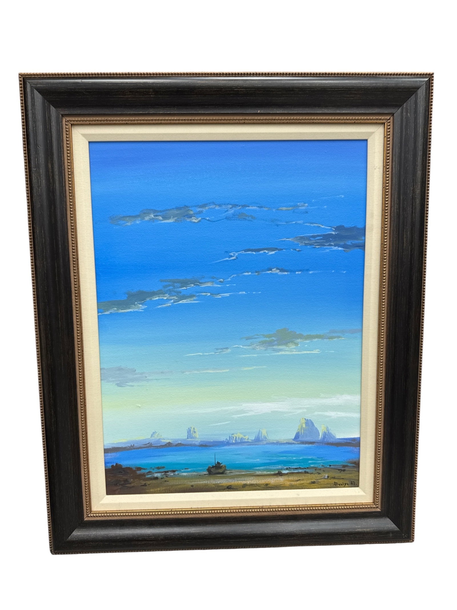 Blue Skies by Mariya Martirosyan Acrylic Painting on Canvas: Original acrylic painting on canvas titled Blue Skies by Mariya Martirosyan. The composition features a tranquil coastal landscape beneath a sweeping blue sky with delicate cl