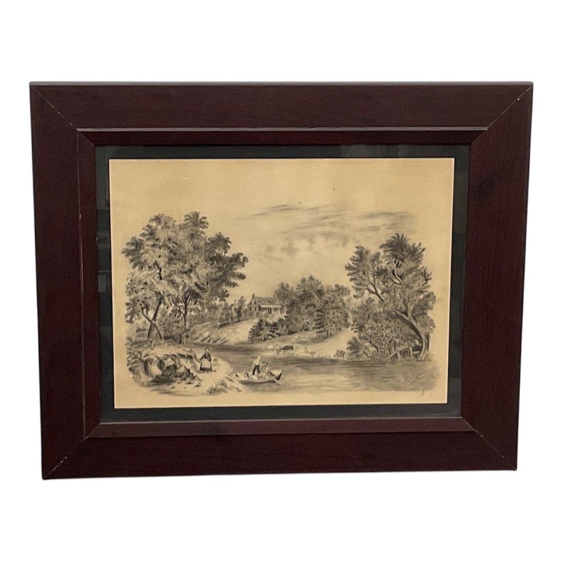 Pastoral River Landscape In the Style of Thomas Hart Benton (American, 1889–1975) Pencil Drawing: Pencil drawing depicting a pastoral rural landscape with figures and livestock along the banks of a calm river. The composition shows a small boat with figures crossing the water in the foreground whi