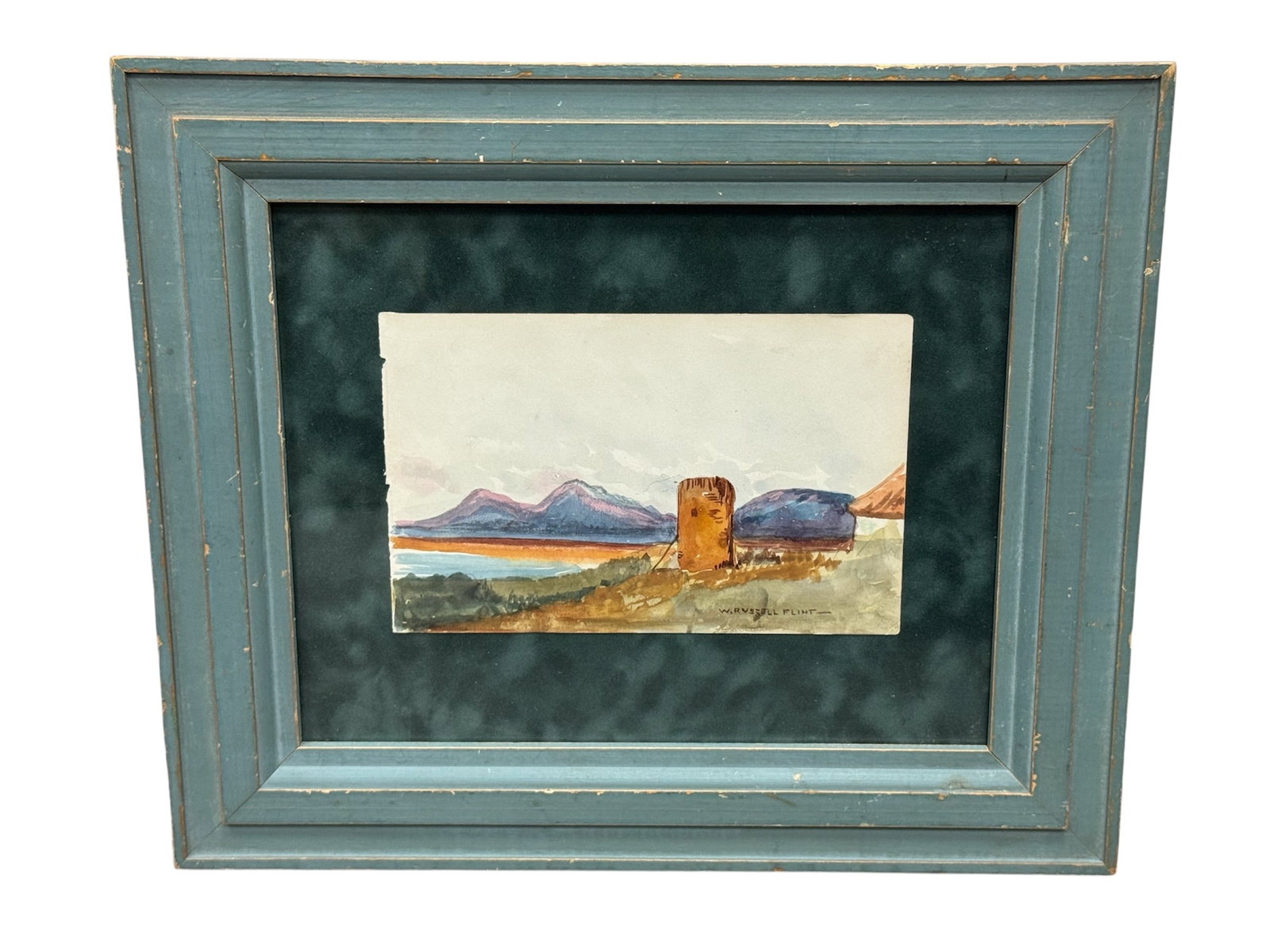 Landscape with Tower in the Style of William Russell Flint (Scottish, 1880–1969) Watercolor: Watercolor landscape painting executed in the style of renowned Scottish artist Sir William Russell Flint. The composition depicts a picturesque countryside scene featuring a cylindrical stone tower s