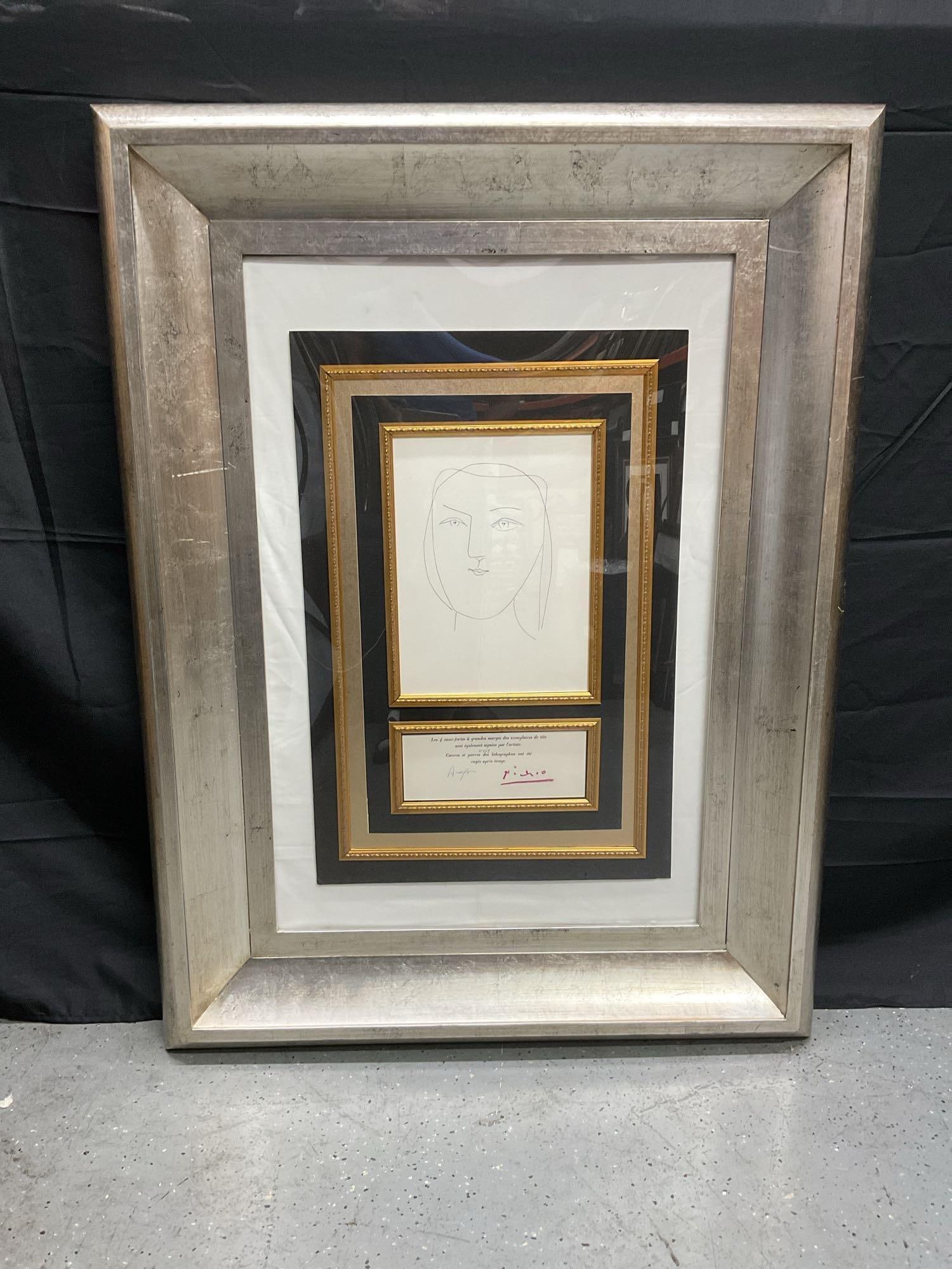 Les Carmen Des Carmen by Pablo Picasso(Spain, 1881-1973) Etching w/ Papers: Etching from 1949 on Arches paper, part of the illustrated book Les Carmen des Carmen. This piece features a linear portrait typical of Picasso's refined, post-war style. It includes a justificati