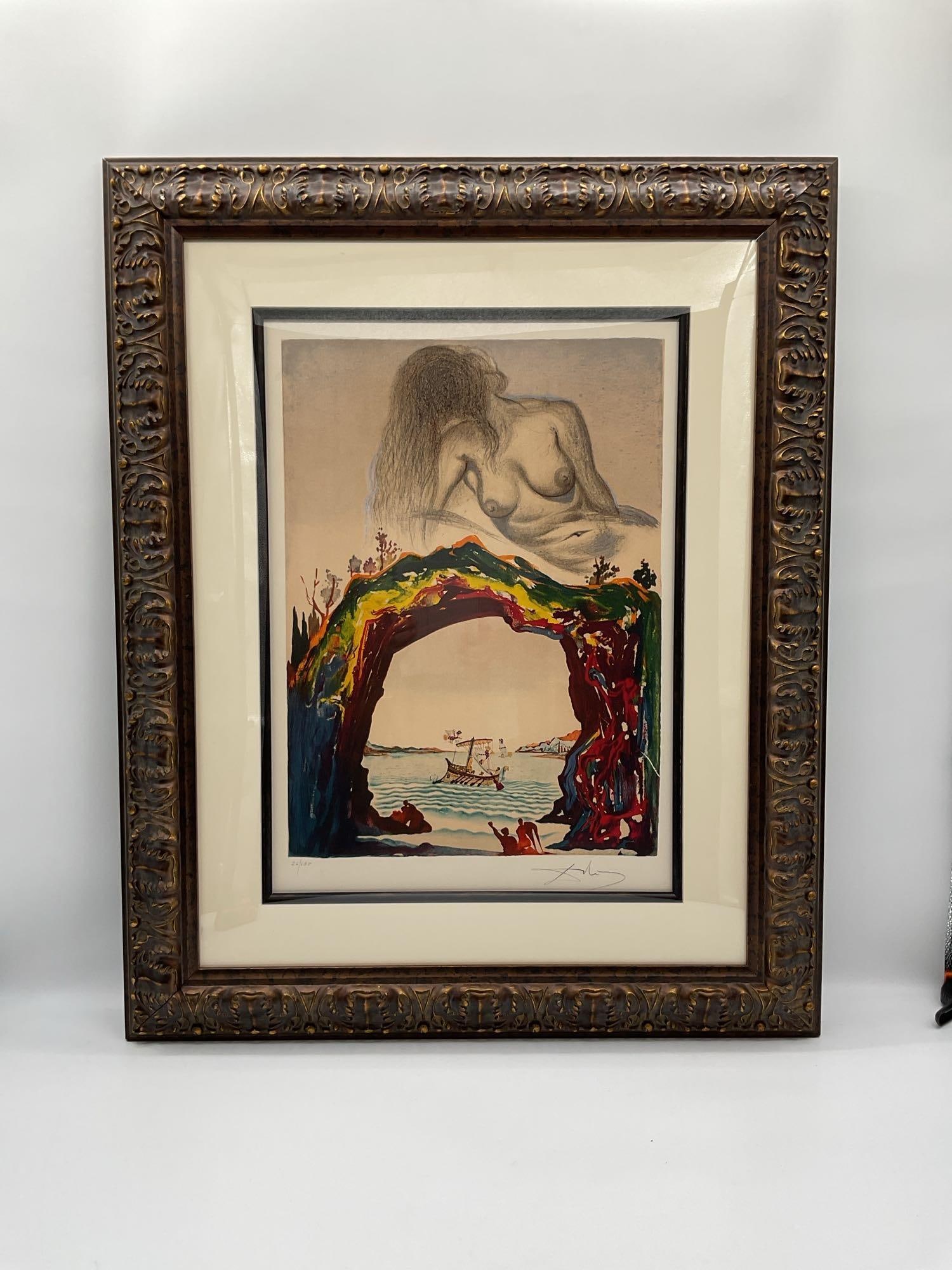 "La Siren" by Salvador Dalí (spain, 1904-1983) Lithograph w/ Papers: Surrealist art titled "La Siren by" Salvador Dalí, depicting a classical ship sailing through a vividly colored natural arch, overlooked by a ghostly reclining nude. The dreamlik