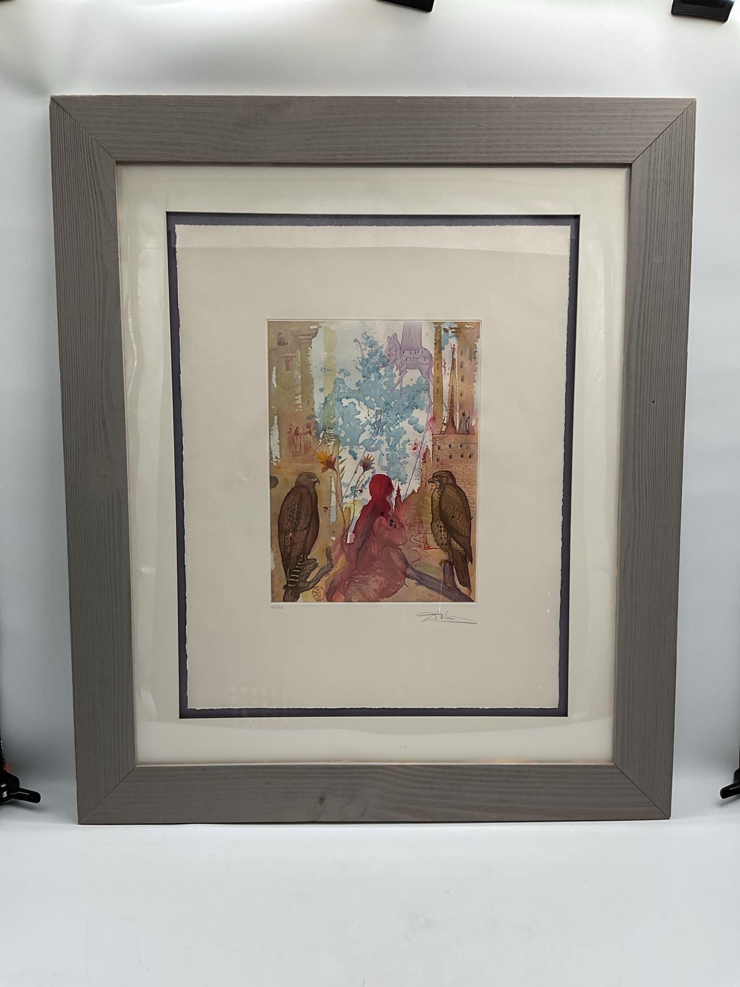 L'Elephant et le Rapax by Salvador Dali (Spain,1904-1989) w/ Papers: Surrealist mixed media print by Salvador Dali titled L'Elephant et le Rapax (Elephant and Falcon), from the 1974 A Thousand and One Nights series. Features fantastical imagery blending flora, anim