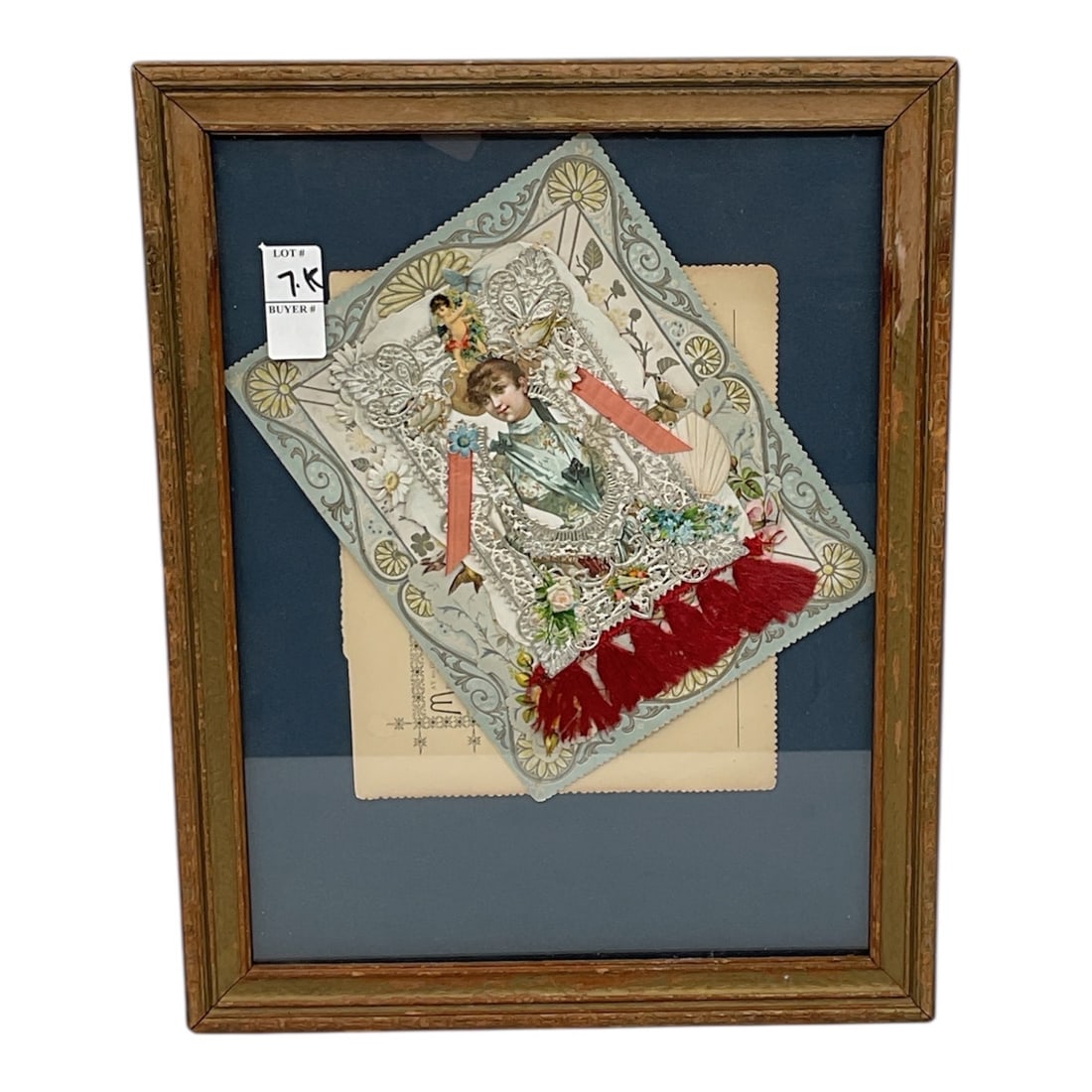 Framed Antique Victorian Scalloped Valentine Card with Tassels: Details Media: Chromolithograph on paper with lace paper overlays, silk ribbons, and fringe tassels Subject: Victorian p