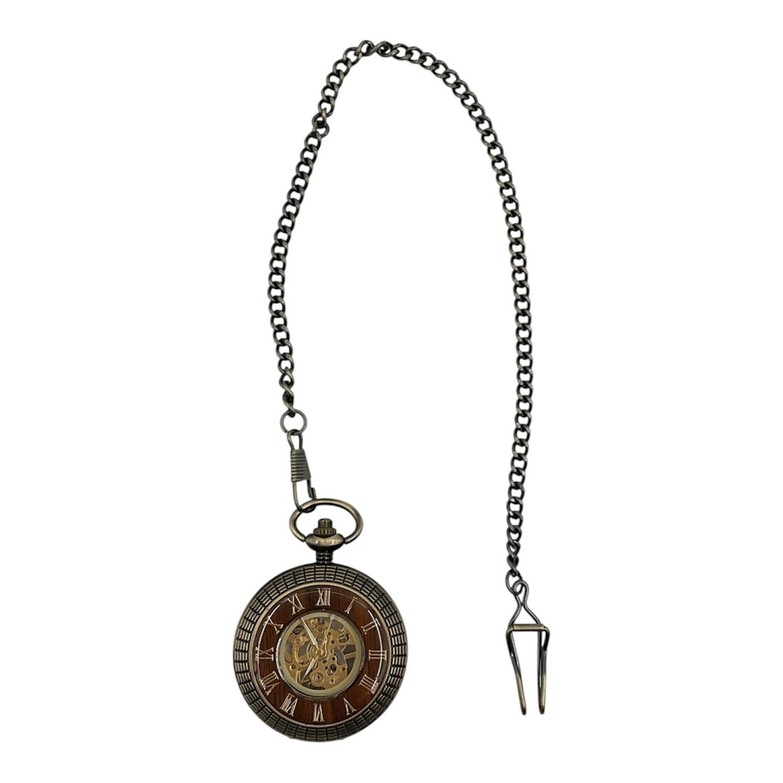 ManChDa Skeleton Pocket Watch with Chain and Box: A decorative ManChDa skeleton pocket watch featuring a visible mechanical movement showcased through both the front dial and exhibition case back. The watch is designed with a Roman numeral chapter ri