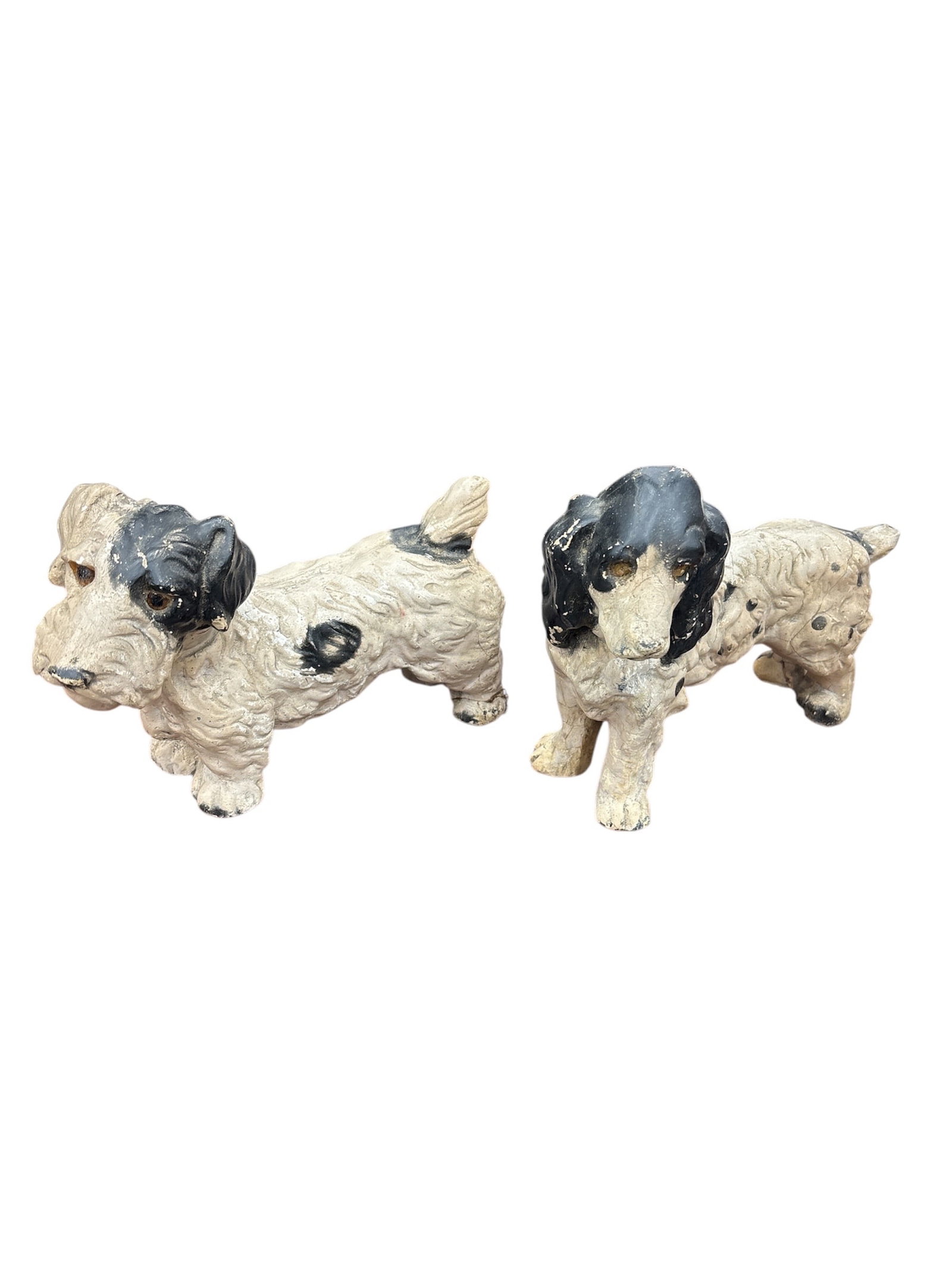 Pair Antique Dog Figurines - Terrier & Cocker Spaniel - Original Paint Doorstops: Description This is a charming pair of antique/vintage dog figurines, likely dating from the early 20th century (circa 1