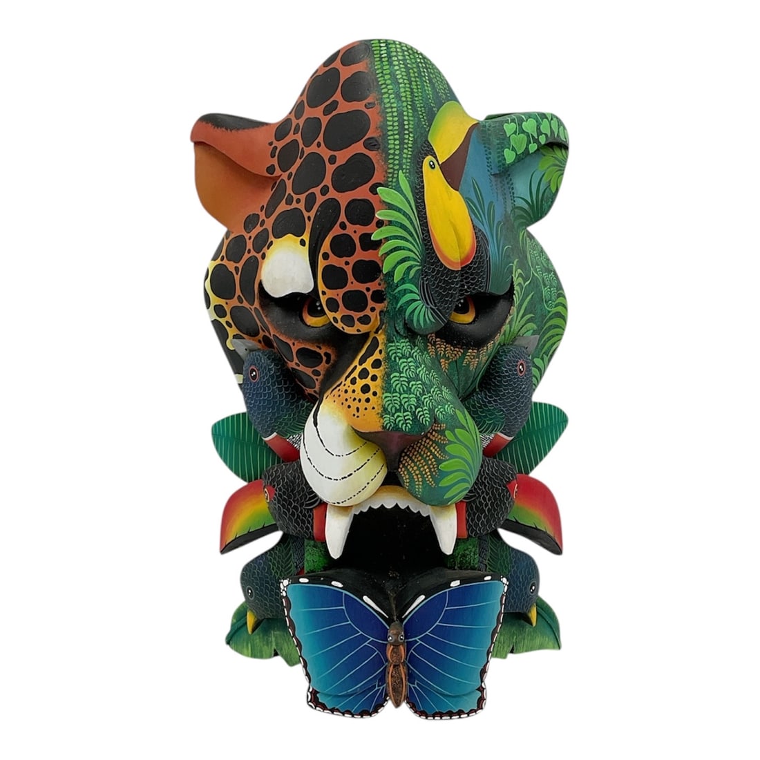 Marcos Boruka Jaguar Mask 2024 Hand Carved and Painted Wood Sculpture: Vibrant hand-carved and hand-painted wooden mask signed Marcos Boruka and dated 2024, representing the traditional Boruca artisan style of Costa Rica. The mask features a striking jaguar motif combine