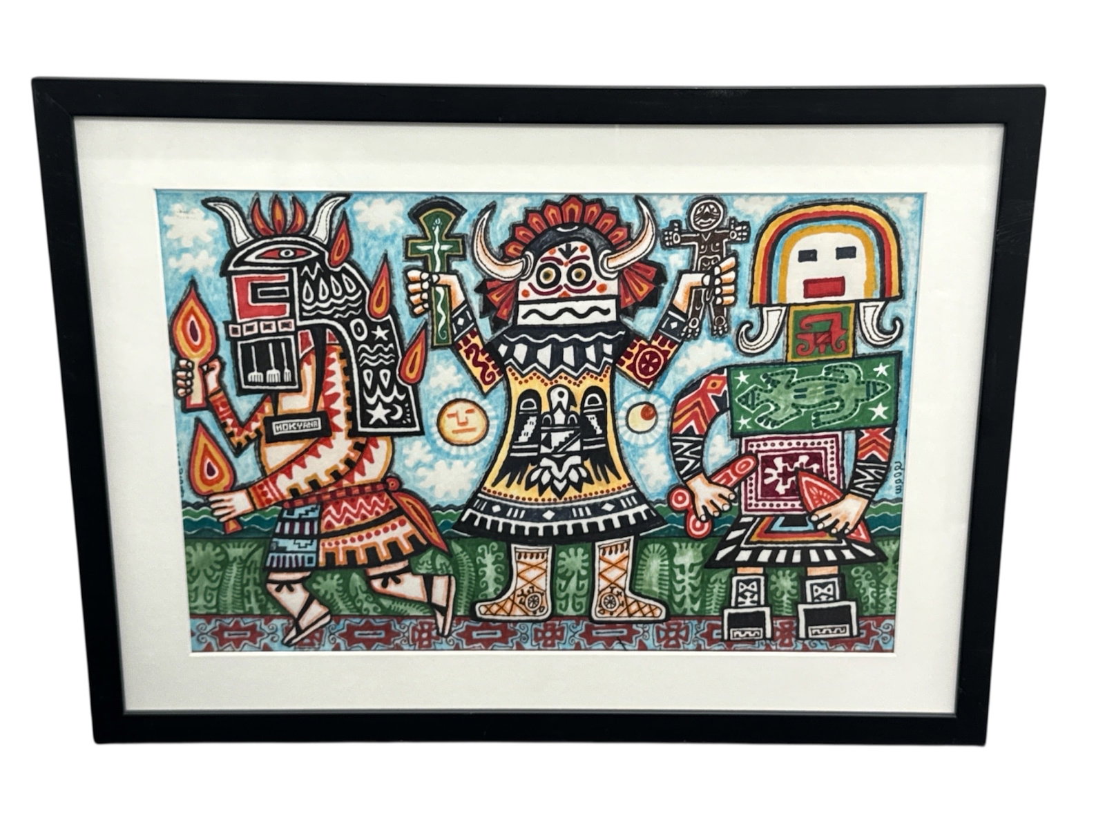 Ceremonial Trio: The Guardians of the Sky by Rex Clawson (American, 1929–2007): DescriptionThis vibrant and meticulously detailed work captures the spiritual essence of Southwestern Indigenous iconography, likely