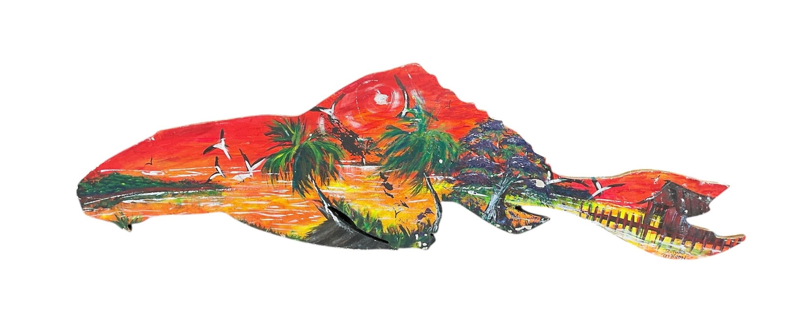 "Tropical Shoreline & Sunset Pier" by Dominique Tynes Gibson (American, B. 1971) Acrylic on Shaped: This unique reversible work is executed on a custom-cut wood panel shaped in the silhouette of a fish. One side depicts a serene daytime river scene featuring a vibrant Royal Poinciana tree against a