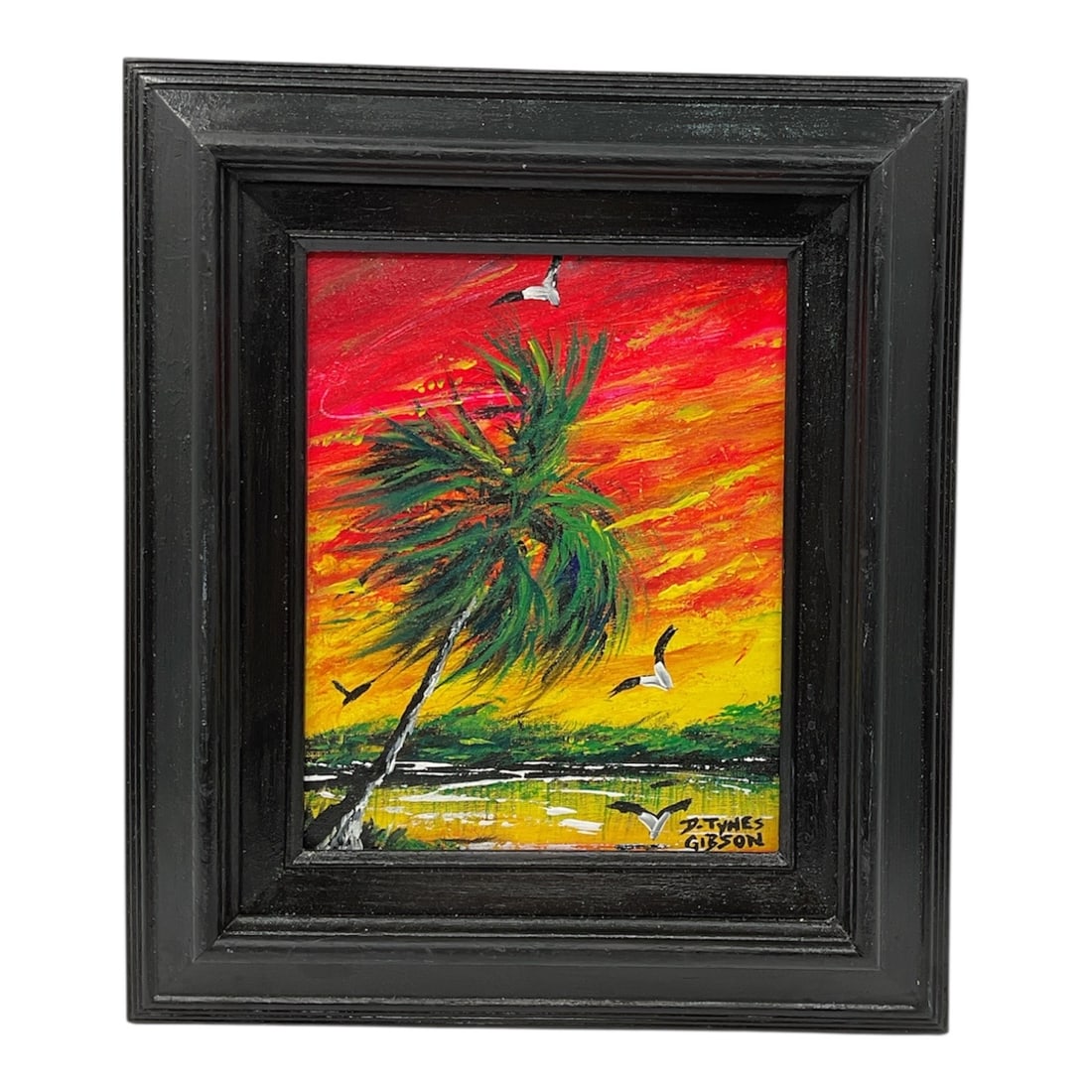 "Fire Sky" by Dominique Tynes Gibson (American, B. 1971) Acrylic and Oil on Canvas: This dynamic small-scale landscape features a single wind-swept palm tree leaning over a shoreline under a vivid red and yellow sunset. The work is executed with thick, expressive brushwork, particula