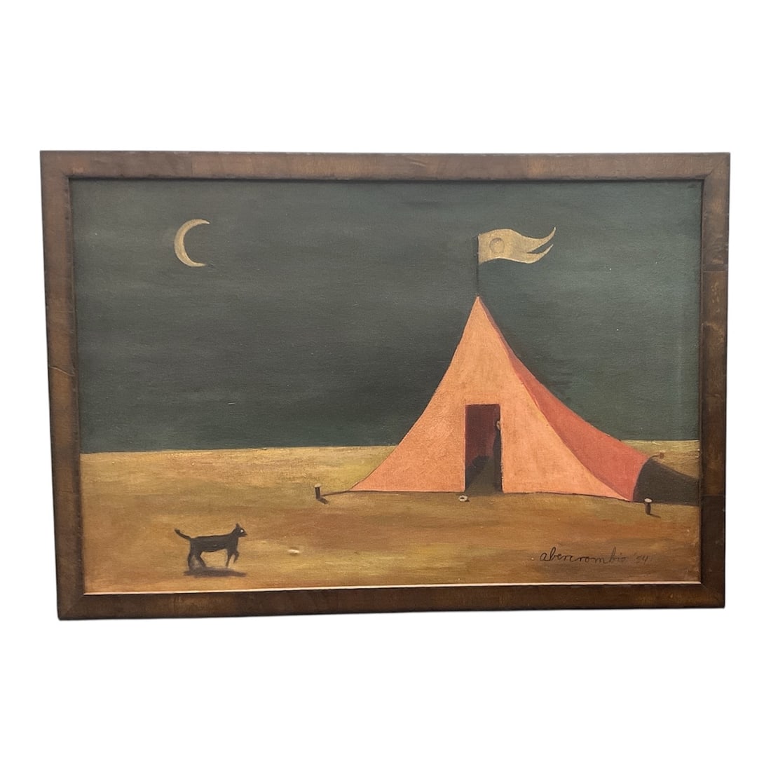 Untitled (The Pink Tent and Black Cat) attributed to Gertrude Abercrombie (American, 1909–1977): Description: An evocative oil on masonite (or canvas) by the renowned Chicago surrealist Gertrude Abercrombie, dated 1954. The composition features a stark, desola