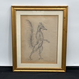 Leonora Carrington (Mexico, 1917-2011) Graphite Drawing: Description: Pencil drawing on paper by Leonora Carrington depicting a hybrid animal figure. Signed lower right. Framed.Medium: Graphite on paperDimensions: H:17in W:13in