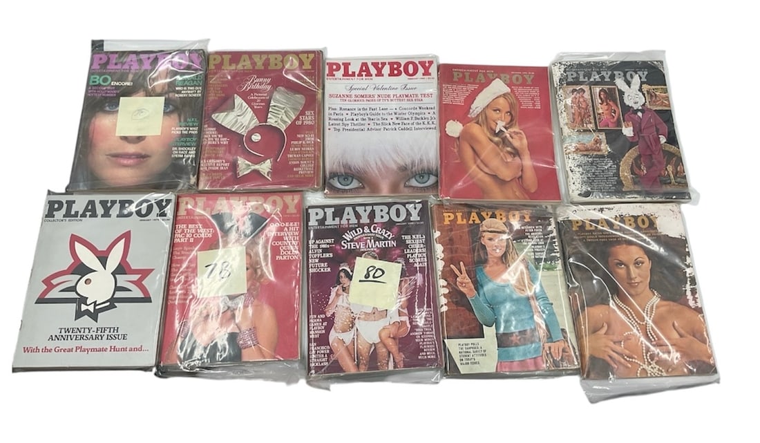 Playboy Magazine Group Including 10 Vintage Issues: A collection of Playboy magazines featuring 10 vintage issues with iconic cover art and photography. The group showcases classic Playboy imagery, celebrity features, and period advertising, reflecting