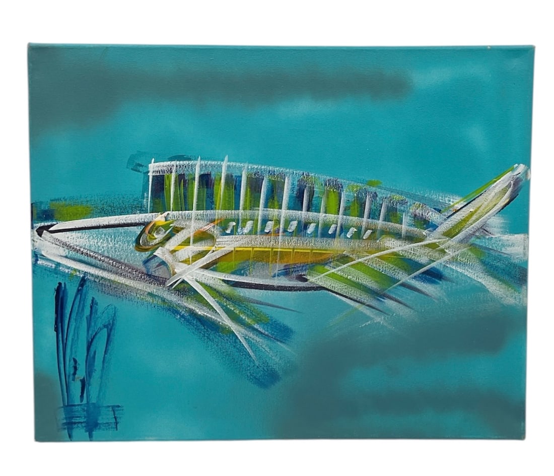 Wahoo by Marty "Marino" Leone: This vibrant contemporary painting by Marty Leone (also known as Marino Leone) depicts a Wahoo in a highly stylized, abstract-expressionist manner. Subject: The central