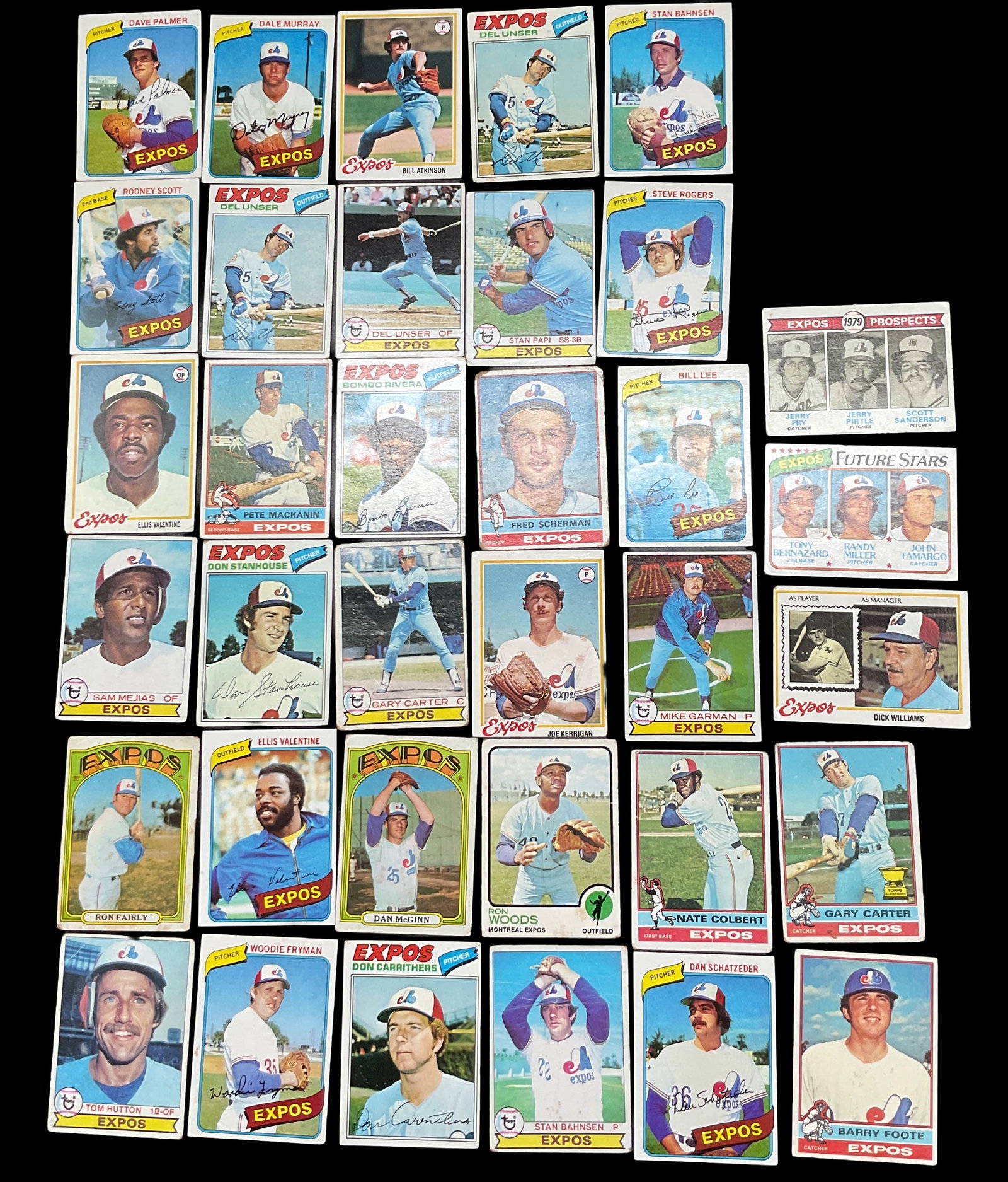 Montreal Expos Vintage Baseball Card Collection: Group of vintage Montreal Expos baseball cards featuring players primarily from the late 1970s through the 1980s. This collection includes a variety of classic Topps and Fleer-era designs showcasing E