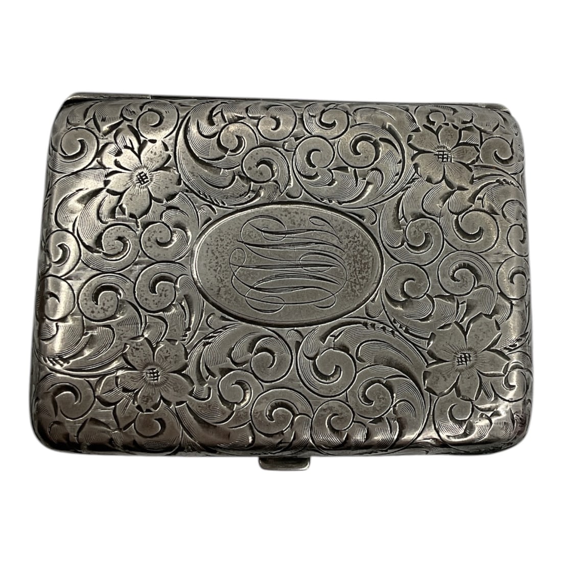 Sterling Silver Engraved Folding Double Photo Frame Case: A finely crafted sterling silver folding double photo frame case featuring an intricately engraved exterior with scrolling foliate and floral motifs. The front is centered with an oval cartouche, suit